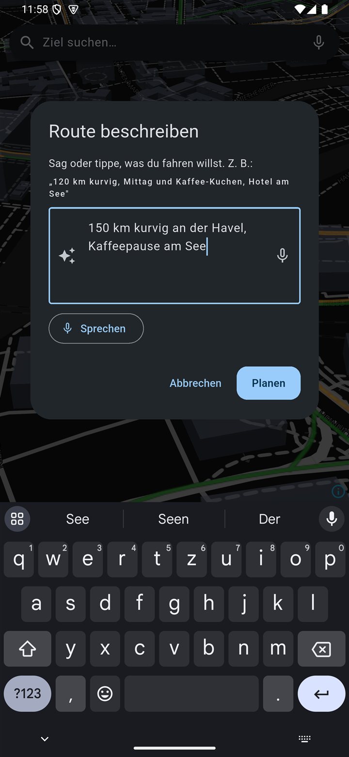 KI-Dialog „Route beschreiben“ mit Diktat-Button
